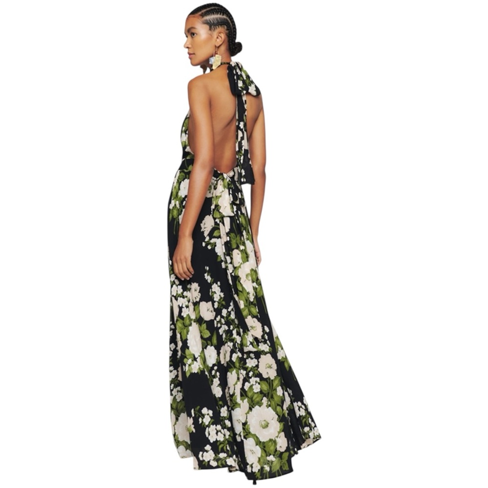 Reformation Andee Floral Halter Maxi Dress in Raven Open Back Slit Size 2 NWT - Picture 10 of 15